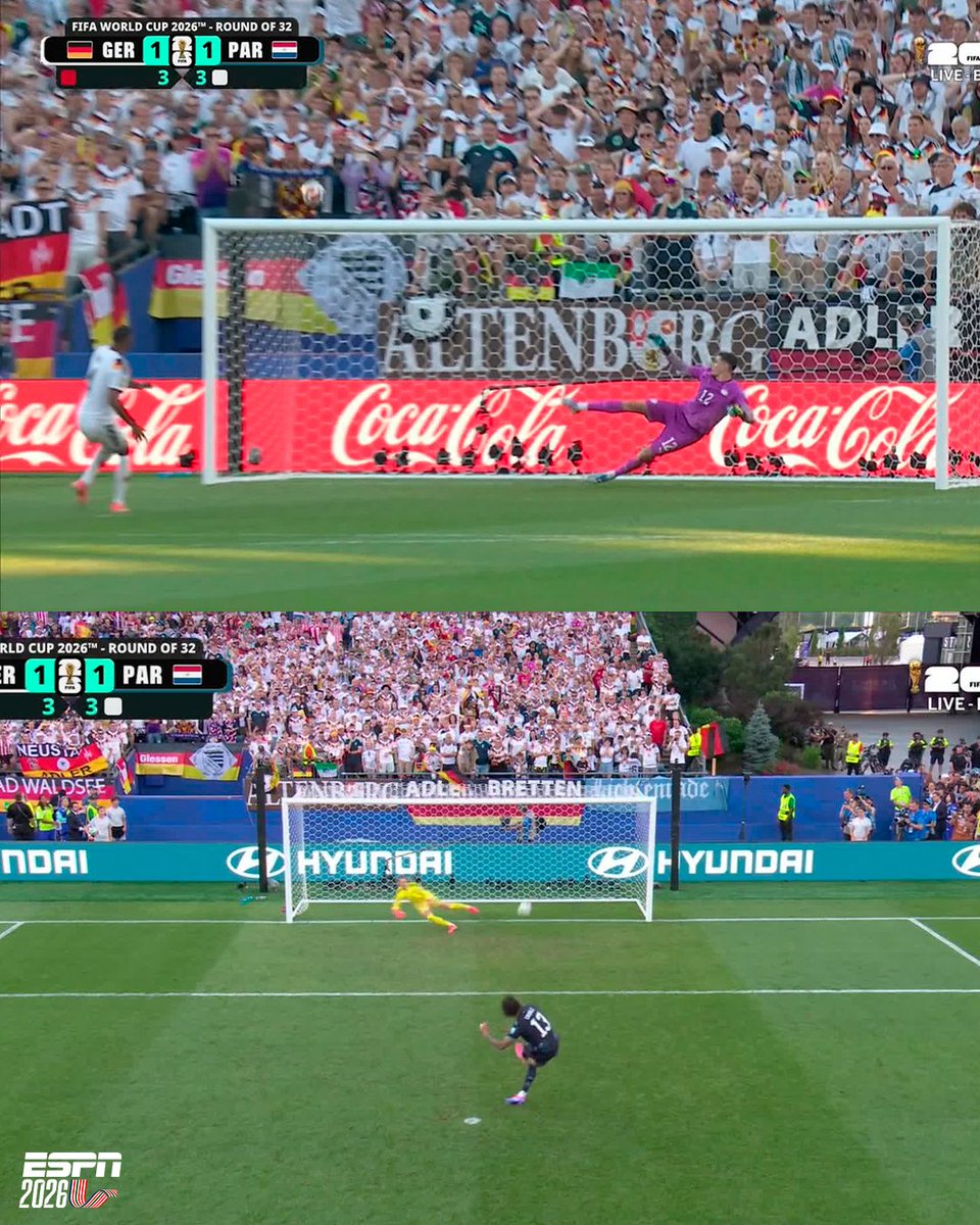 ESPNDeportes's tweet photo. ¡Los momentos decisivos de Paraguay! 🇵🇾

Tah mandó su penal a las nubes, Canale cerró la victoria. 💥

Mención especial para Orlando Gill que detuvo los penales de Havertz y Woltemade. 🔝 🧤 https://t.co/cfHOzQYaWx