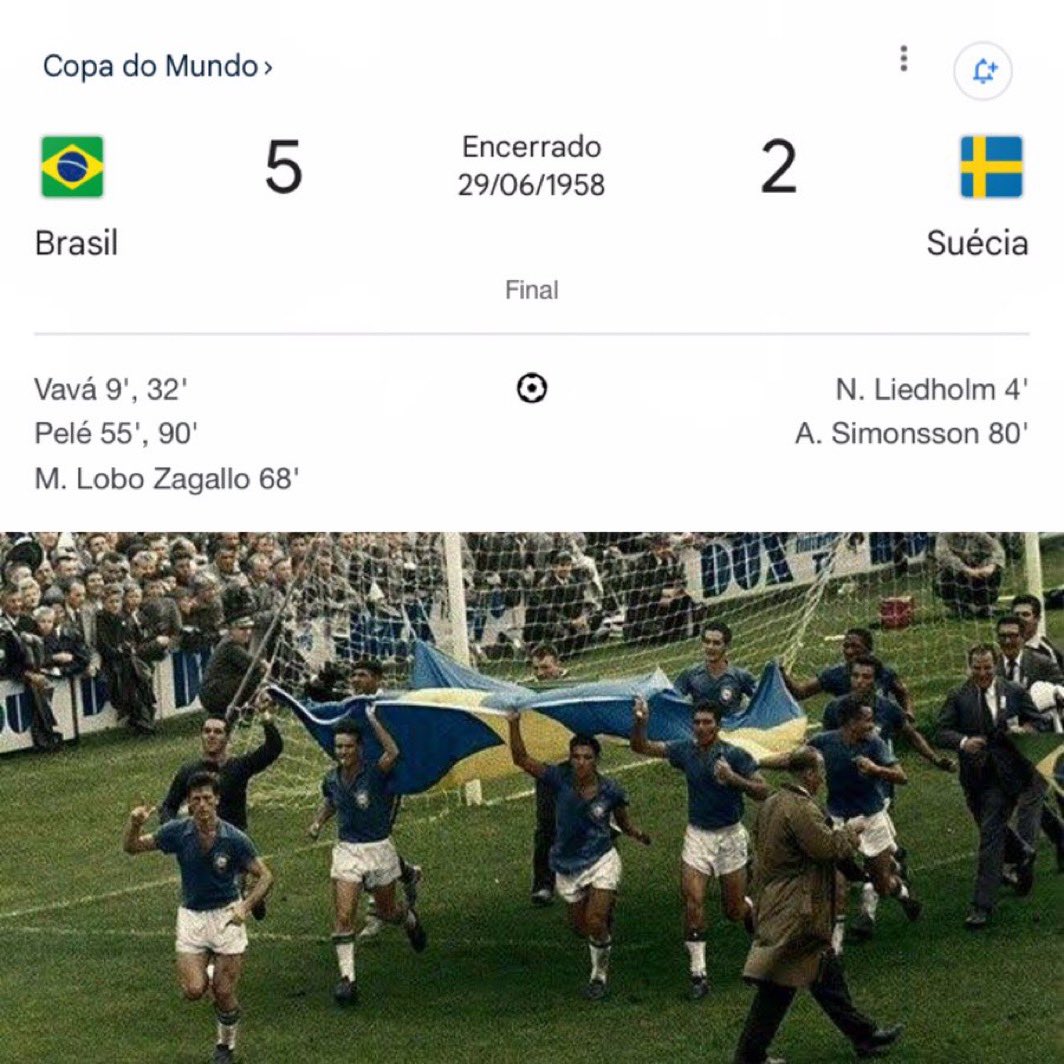 futnostalgico's tweet photo. Há exatos 68 anos:

O Brasil conquistava sua primeira Copa do Mundo, vencendo a anfitriã Suécia na final da competição.  🤩🇧🇷 https://t.co/uAl8mssjqA