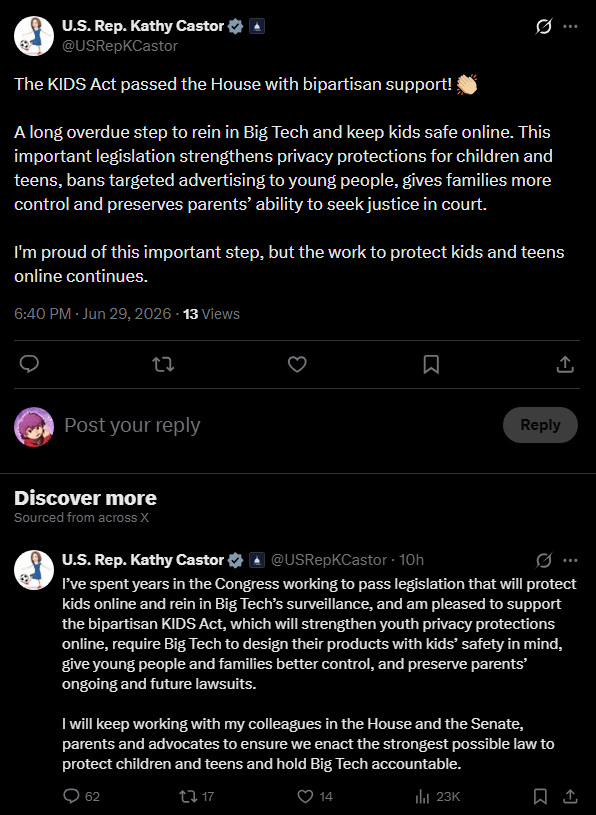ChibiReviews's tweet photo. IMPORTANT CENSORSHIP NEWS:

The KIDS Act has passed within the House for the U.S. It received major bipartisan support with 267 to 117 votes.

This will change the internet as we know it. The KIDS Act is a package of around a dozen bills that pairs a revised Kids Online Safety Act with new age-verification, AI chatbot, and messaging rules. Forcing the entire internet to implement age verification checks.