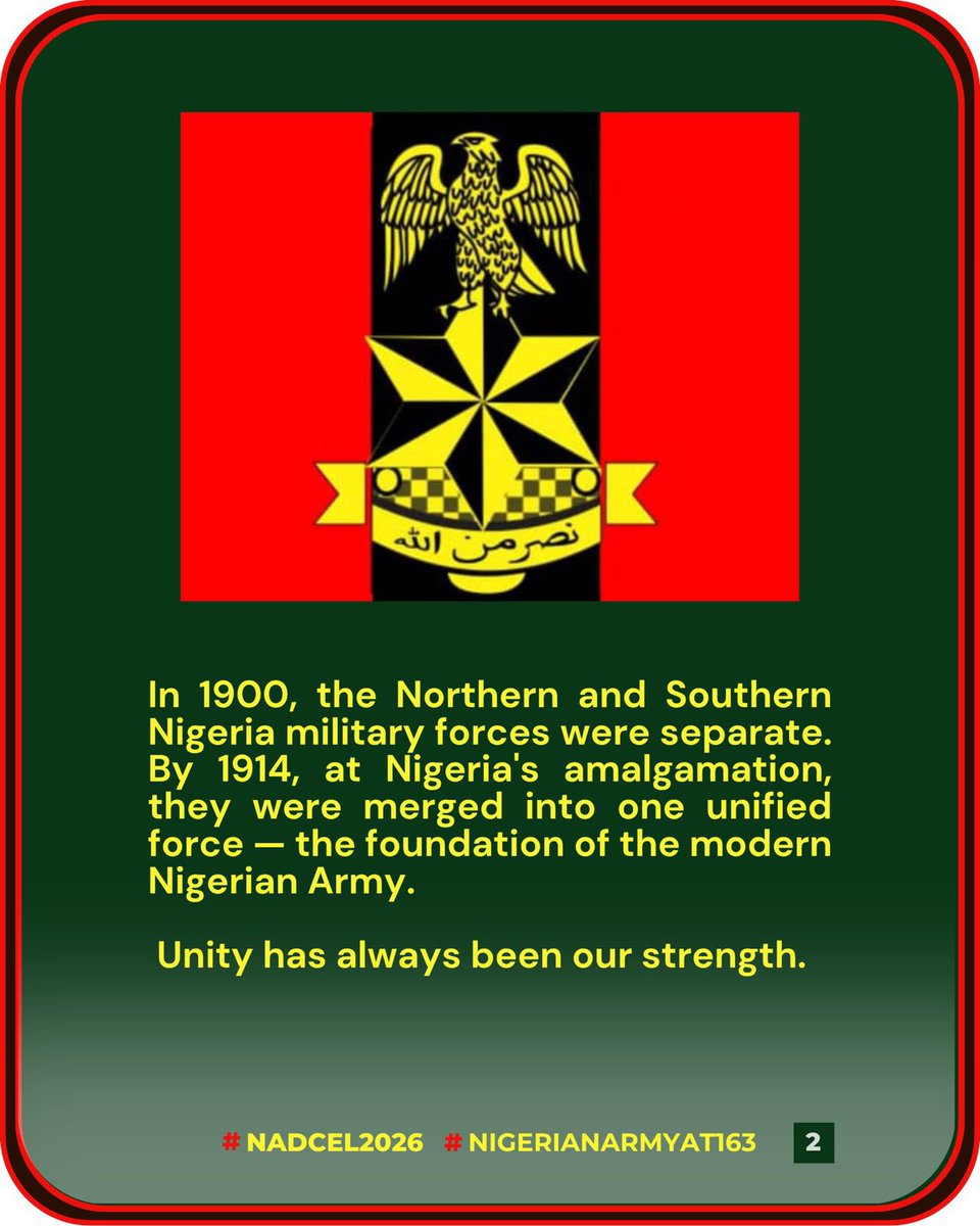 glownotglory's tweet photo. Happy 163rd Anniversary to the @HQNigerianArmy. Since 1863, the Nigerian Army has served the nation with courage, discipline, and unwavering dedication. We salute the officers and soldiers who continue to defend Nigeria with honor.

#NADCEL2026 #NigerianArmyAt163 https://t.co/Nww6i5v1mu
