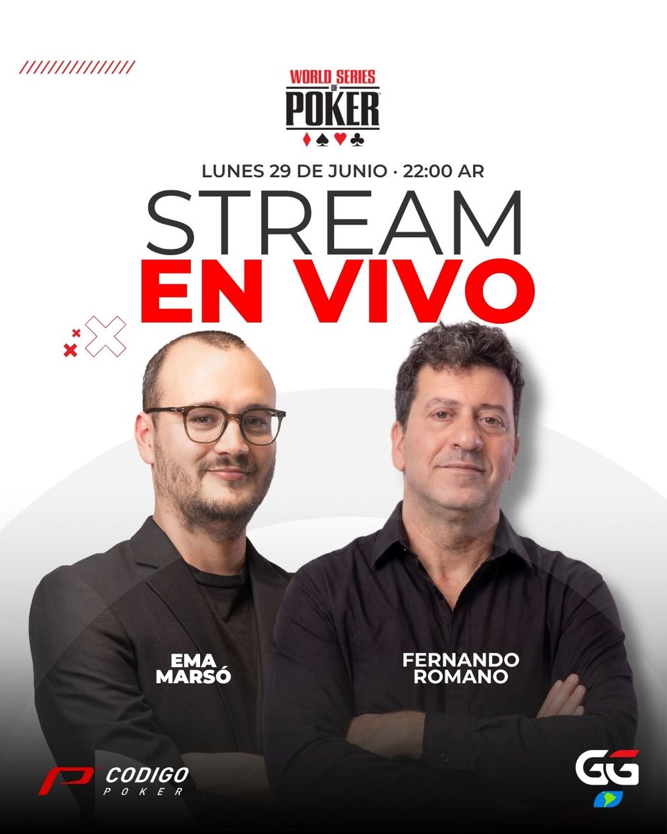 CodigoPoker's tweet photo. COMENZAMOS UNA NUEVA SEMANA DE WSOP 🙌

Esta noche estaremos nuevamente desde Las Vegas, con el Stream en español de la WSOP. 

Un evento que ha capturado todas las miradas. El EVENTO #70: $10K PLO 8-HANDED llega a su fin y estaremos analizando su Mesa Final desde los canales de Youtube de @ggpokeres y @codigopoker 

Con la conducción de Fernando Romano y Emanuel Marsó, no te pierdas desde las 🇦🇷22:00 hs una nueva jornada de transmisión en español de la serie mundial desde Estados Unidos. 

#codigopoker #wsop #wsopencodigo #ggpokeres