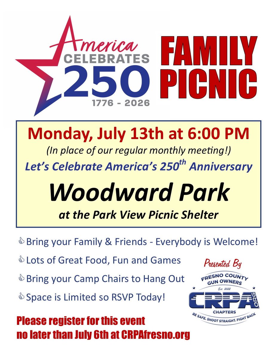 MollyAn96464648's tweet photo. Celebrate America’s 250th birthday with @DevinNunes ! Other events include @MikeMorrellGOP amongst other featured speakers. Join in! @Imagodei01 @DavidTangipa @OreoExpress @cragop @MCGOP_CA @RPSLOC #AmericasBirthday #Meeting #DevinNunes #California @SFVRA_CA #picnic #WoodwardPark https://t.co/74owIRhTSc