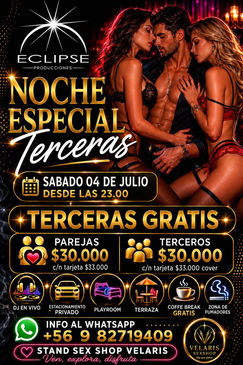 Club_Eclipse_'s tweet photo. 🔥 ESTE SÁBADO LA NOCHE CAMBIA LAS REGLAS 
💃 ¡TERCERAS GRATIS TODA LA NOCHE! 
Vive una noche que promete superar todas las expectativas.
✨ Un hombre, dos mujeres... o como tú quieras disfrutar la noche. #TercerasGratis #VidaNocturna #SwingChile #FiestaAdultsOnly #NocheEspecial https://t.co/uJrpSAcL9B