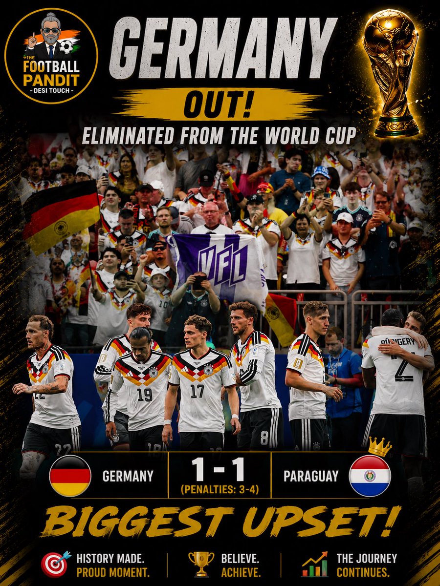 FootballPandit_'s tweet photo. 🇵🇾 PARAGUAY HAVE DONE IT! 🤯

Germany are OUT after a dramatic penalty shootout. One of the biggest upsets of the World Cup as Paraguay march into the Round of 16. 🔥🇩🇪❌ #WorldCup https://t.co/4skC4dJSVs