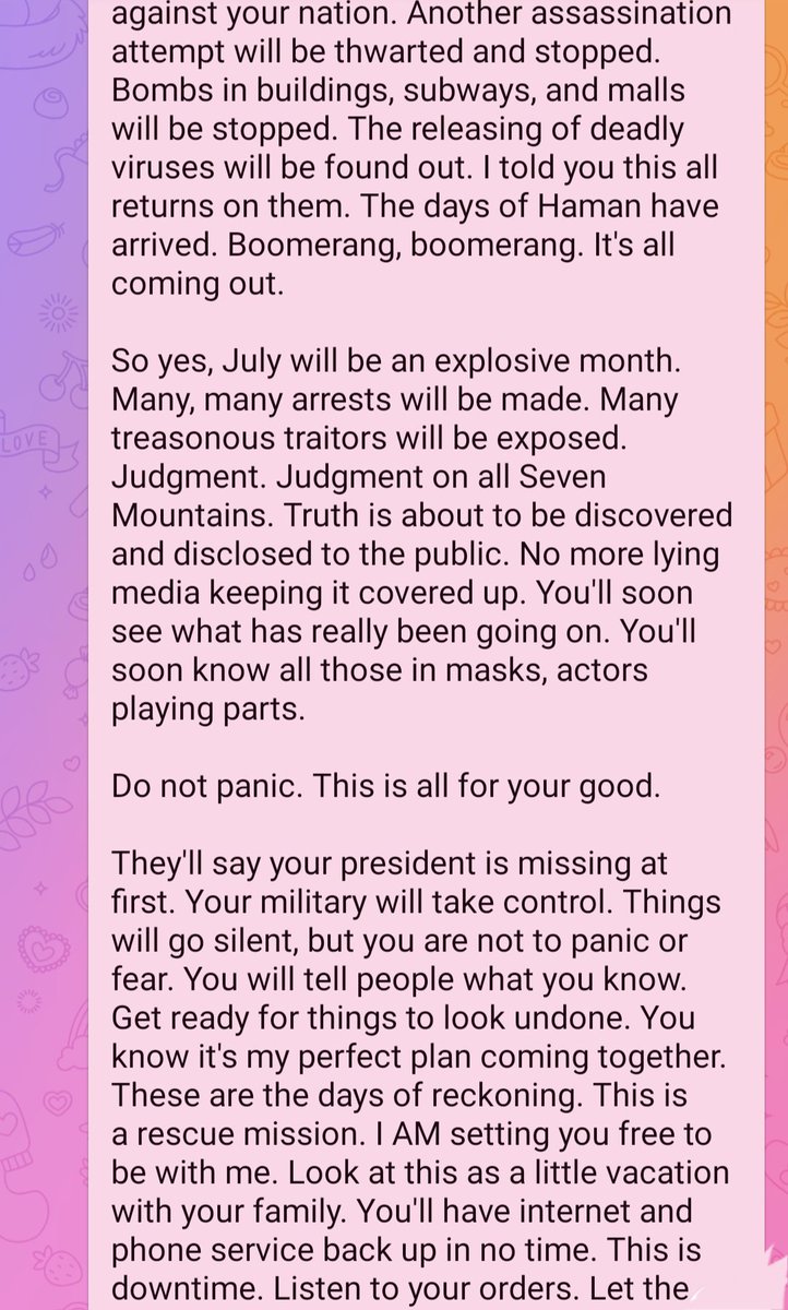 CaliAndreaCali's tweet photo. The Lord's Glory with Lori 
6-29-26
🎇🎆🧨EXPLOSIVE JULY 🧨💥🎆

Make Your Head Spin
1. Celebration of Your Nation
2. The Wolf Caught 🐺 
3. Martial Law Under 2 Weeks
4. Phone &amp; Internet Down
5. Death Angel ☠️
Assassination Attempt Stopped
They'll Say Your President is Missing https://t.co/WuZRVCNMuc