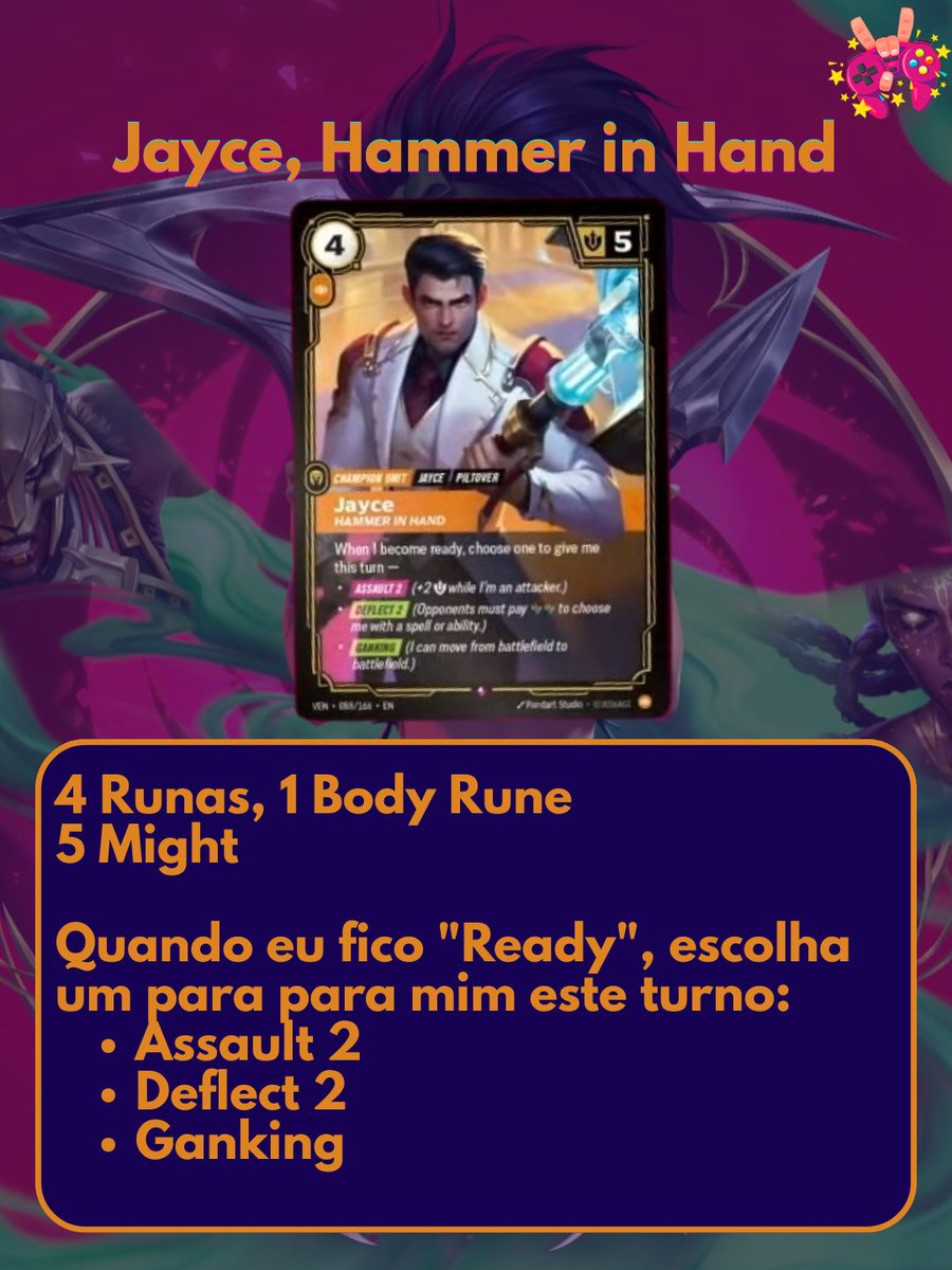 NoControleTV's tweet photo. Jayce, Hammer in Hand
4 Runas, 1 Body Rune
5 Might

Quando eu fico "Ready", escolha um para para mim este turno
- Assault 2
- Deflect 2
- Ganking https://t.co/FDnqj6kzeU