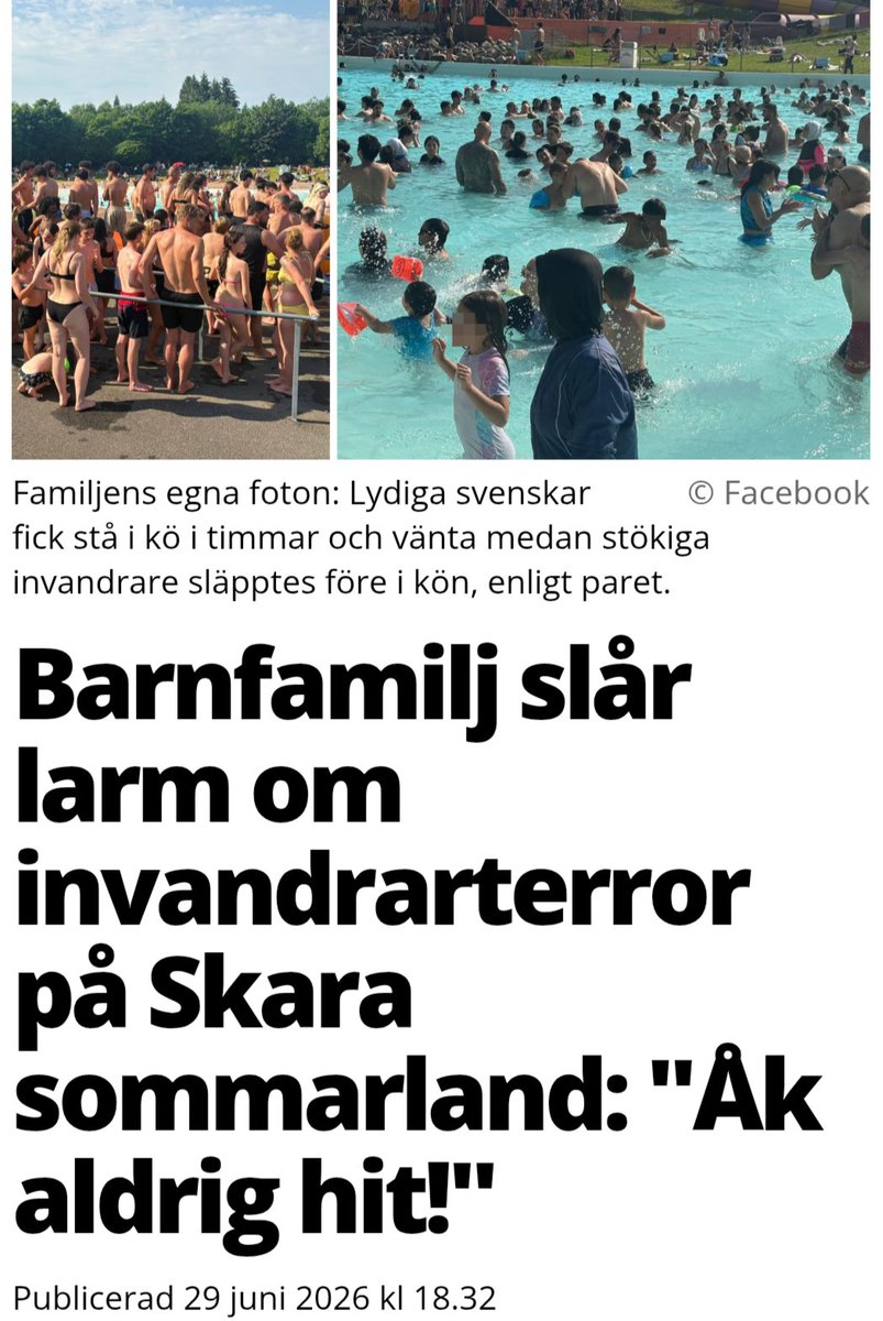 hansi1414's tweet photo. Skara Sommarland – ett mångkulturellt kaos 

En pappa från Ulricehamn beskriver besöket som ett helvete. ”Sverige är inte Sverige längre”, skriver han.

Aldrig mer. Åk hem”, avslutar pappan. Sverige har blivit en minoritet i sitt eget land. https://t.co/oGnYyrwT7b