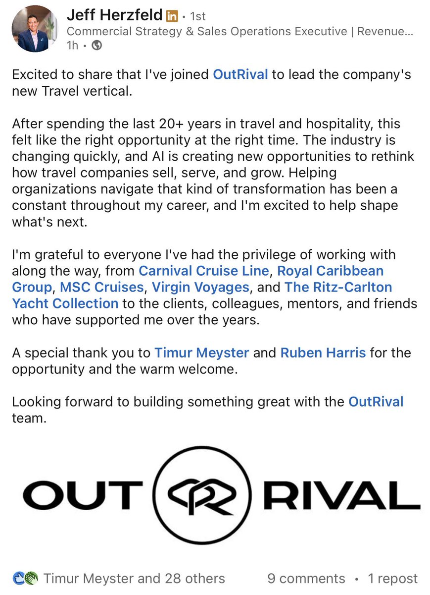 rubenharris's tweet photo. Very excited to announce that @outrivalAI has hired it's new Head of Travel Jeff Herzfeld !!! 

As you know Miami is the Cruise capital of the World and some of the biggest hospitality brands are based here in South Florida.

He was employee number 15 at Virgin Voyages, at Carnival before they had a ship, and you can see his resume when you go through his LinkedIn on the post below. 

Service based companies care about connections and service and Jeff is passionate about helping travel companies serve their customers in the best way possible.

Today is his first day and I'm excited to show you how we cook up unforgettable experiences  for Travelers that create even greater bonds with their favorite institutions.

https://t.co/Od0fKeQ2ms