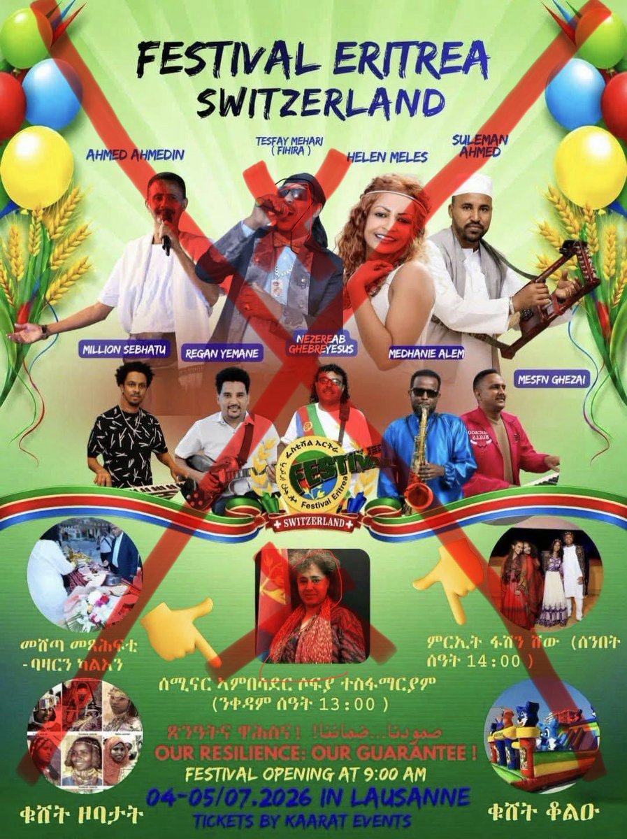 ErmiLiberty's tweet photo. The so-called “festivals” organized by the Eritrean regime are not cultural celebrations they are propaganda events used to promote and legitimize a dictatorship.

Sophia tesfamariam is the main actor on this propaganda of war for the Eritrean regime the @UN United Nations should concern.  

I urge the Swiss authorities to carefully assess these events and ensure that their country is not used as a platform for propaganda that undermines human rights and peace.

#RegimeChangeInEritrea 
 #BlueRevolution #EBRF
#TransnationalRepression #NoMorePFDJTorror 
@ONU_fr  @RadioTeleSuisse @lemondefr @SamsonYemane @LesVertsSuisses @Lecourrier @Blick_fr @CarloSommaruga @friedlies @EMIGRATION @24heuresch @Lematinch @ignaziocassis @tdgch @beat_jans @alain_berset @ParmelinG @EDI_DFI @lenouvelliste @swiss_un @UNGeneva @EMBSchweiz @Etat_Neuchatel @fedpolCH @elisabeth_baume @SchranerBurgen1 @ParlCH @SwissMFA @FabianMolinaNR @AndreaCaroniAR @EDA_DFAE @spschweiz @SpMigrantInnen @GrueneCH @bglaettli @CelineWidmer1 @cedricwermuth @polneuch @GenevePolice @Violapamherd @SwissPeaceHR @ChappuisM @SwissMFAStatSec @s_sommaruga @BR_Sprecher @hdcentre @kajakallas 
@Policevaudoise @GenevePolice