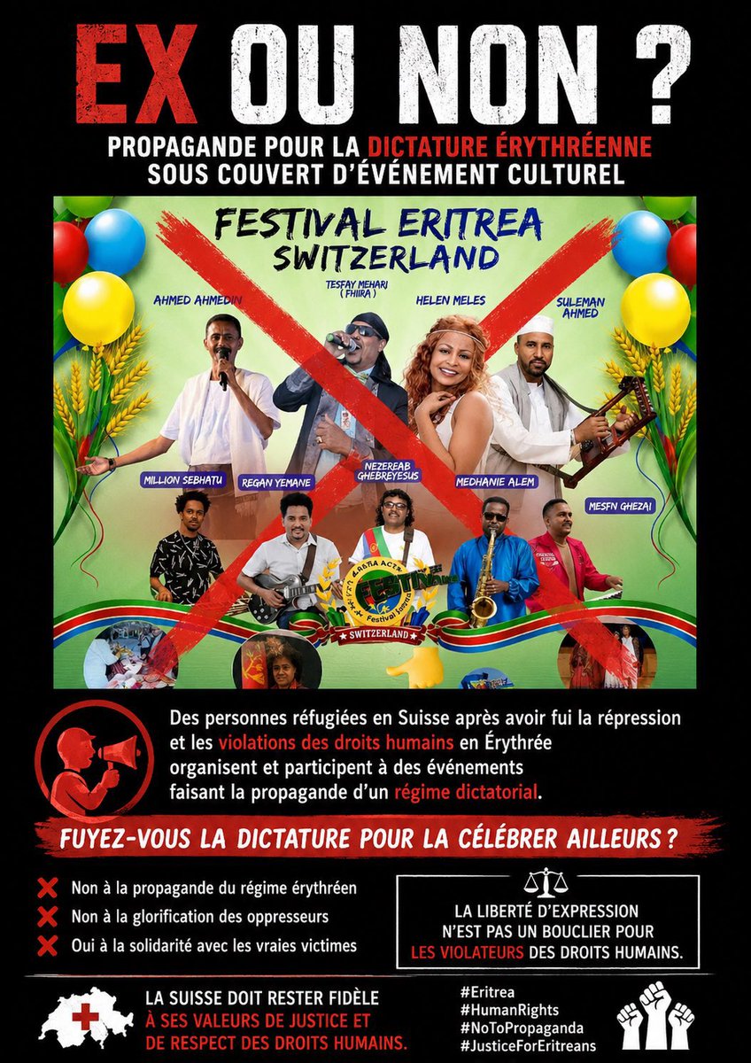 ErmiLiberty's tweet photo. The so-called “festivals” organized by the Eritrean regime are not cultural celebrations they are propaganda events used to promote and legitimize a dictatorship.

Sophia tesfamariam is the main actor on this propaganda of war for the Eritrean regime the @UN United Nations should concern.  

I urge the Swiss authorities to carefully assess these events and ensure that their country is not used as a platform for propaganda that undermines human rights and peace.

#RegimeChangeInEritrea 
 #BlueRevolution #EBRF
#TransnationalRepression #NoMorePFDJTorror 
@ONU_fr  @RadioTeleSuisse @lemondefr @SamsonYemane @LesVertsSuisses @Lecourrier @Blick_fr @CarloSommaruga @friedlies @EMIGRATION @24heuresch @Lematinch @ignaziocassis @tdgch @beat_jans @alain_berset @ParmelinG @EDI_DFI @lenouvelliste @swiss_un @UNGeneva @EMBSchweiz @Etat_Neuchatel @fedpolCH @elisabeth_baume @SchranerBurgen1 @ParlCH @SwissMFA @FabianMolinaNR @AndreaCaroniAR @EDA_DFAE @spschweiz @SpMigrantInnen @GrueneCH @bglaettli @CelineWidmer1 @cedricwermuth @polneuch @GenevePolice @Violapamherd @SwissPeaceHR @ChappuisM @SwissMFAStatSec @s_sommaruga @BR_Sprecher @hdcentre @kajakallas 
@Policevaudoise @GenevePolice