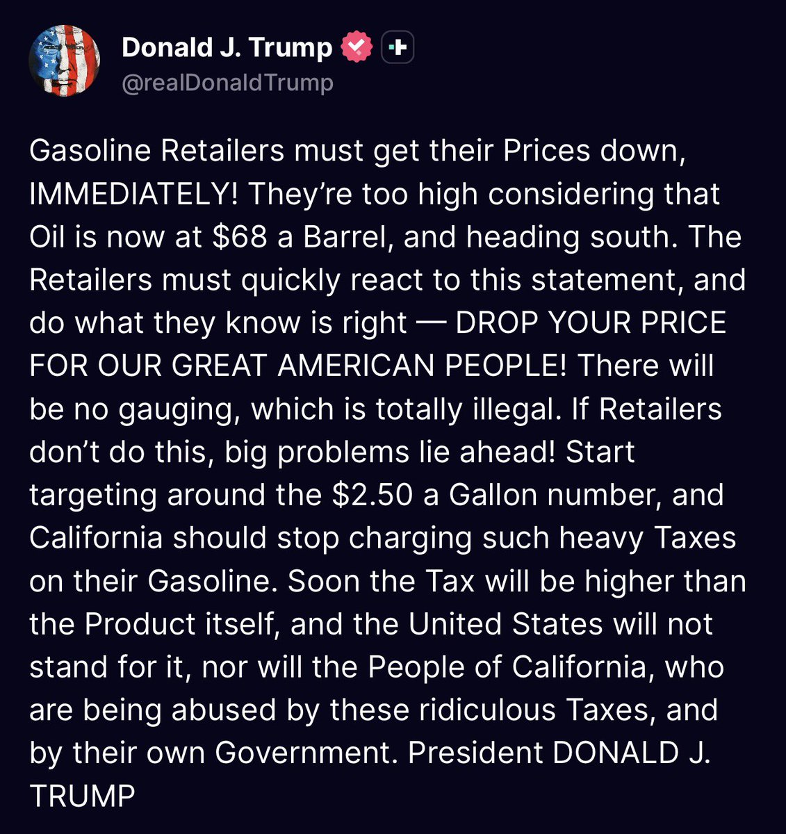 TheChiefNerd's tweet photo. President Trump calls on retailers to drop the price of gasoline to $2.50/gallon https://t.co/DIXI69YVwe