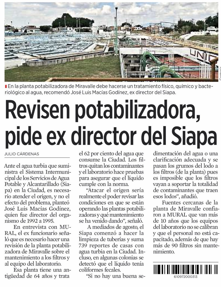 JPMS79's tweet photo. No solo pasaron 28 días, han pasado casi siete años en los que se alertó que revisaran las condiciones operativas de la PP1.

Alfaro reprochó estas declaraciones y siempre aseguró que el agua que salía de las PP cumplía con la norma vigente.

Lo mencionó mi padre, el problema estaba en la PP1.

Personal del SIAPA alertaba que la planta no había recibido mantenimiento en 10 años.

El ex director del SIAPA en el sexenio alfarista, Carlos Torres Lugo afirmó ante diputados que ellos habían renovado todos los filtros de todas las plantas potabilizadoras. Mintió.