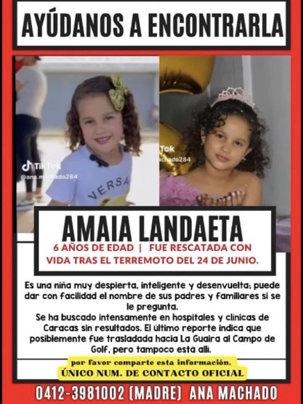 ValvulaPolitica's tweet photo. 🚨 AYUDA URGENTE | SE BUSCA INFORMACIÓN 🚨

La familia de Amaia Landaeta Machado la busca desesperadamente.

Según la información disponible, Amaia fue rescatada en el sector Punta de Mulatos y posteriormente trasladada al Hospital Periférico de Pariata, en La Guaira. Sin embargo, desde ese momento se desconoce su paradero.

Su madre, Ana Cecilia Machado, ha realizado una búsqueda inmediata. Ya verificaron hospitales en Caracas y también existe un registro que ubicaría a la niña en el sector Campo de Golf, pero hasta ahora no han logrado encontrarla.

📢 Si alguien tiene información sobre Amaia Landaeta Machado, por favor comuníquese de inmediato con su familia o con las autoridades.

🙏 Compartir esta publicación puede hacer la diferencia. Cada minuto cuenta.

#Urgente #AmaiaLandaetaMachado #LaGuaira #Desaparecidos #Búsqueda #Venezuela #Difundir #Comparte