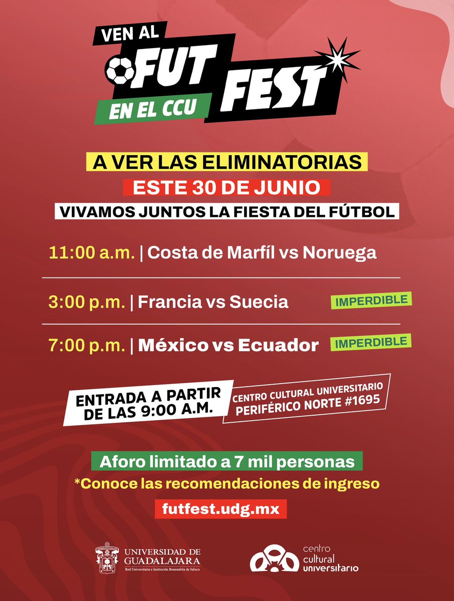 KarlaPlanter1's tweet photo. Desde que comenzó la celebración del futbol, hemos visto cómo distintos espacios de nuestra ciudad se han convertido en lugares de encuentro, donde familias y amistades comparten una misma emoción. ⚽

Mañana martes 30 de junio, México jugará una vez más y en la @udg_oficial suspenderemos todas las actividades presenciales para contribuir a la movilidad y que nuestra comunidad pueda pasar el día en familia y disfrutar del partido.

También, les recuerdo que en el #FutFest del @ccutulugar pueden ver el juego y ser parte de esta experiencia única. 🙌🏼 
Más tarde sale la circular. 😉