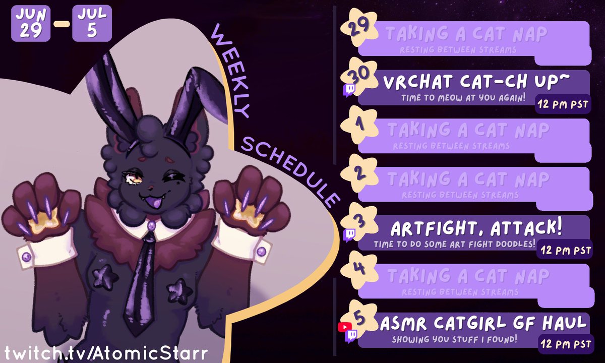 Atomic_Star's tweet photo. Back from my trip, I know I saw you all last week but I missed you!!

I'm excited for ArtFight and ASMR this week, :333 https://t.co/gr4DX8Eh8i