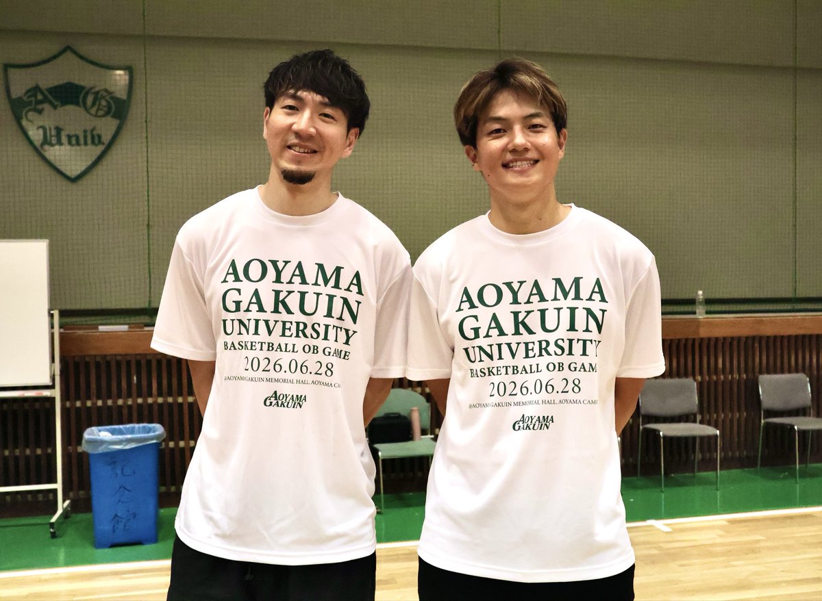 agubaske's tweet photo. 🦅 #青学バスケOB戦 2026💚

 #辻直人 選手 @naoto158 と #比江島慎 選手 @mako6hieji ✨

辻選手は、イベント後に。
日本代表合宿中の比江島選手も、練習後に駆けつけ💨

お二方の参戦で、会場の熱気は最高潮に🔥

お忙しい中、ご参加いただきありがとうございました🙇🏻‍♂️

#青山学院大学  #大学バスケ https://t.co/7lsCnsBxt3