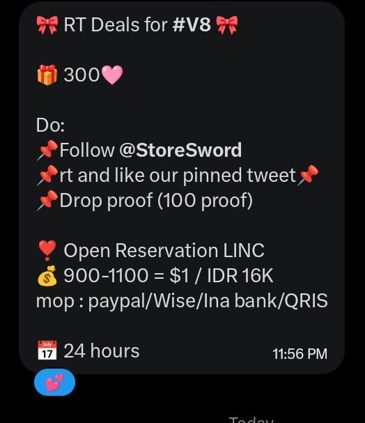 ghelscoups's tweet photo. 🎀 RT Deals for #V8 🎀

🎁 300🩷

Do:
📌Follow @StoreSword
📌rt and like our pinned tweet📌
📌Drop proof (100 proof)

❣️ Open Reservation LINC
💰 900-1100 = $1 / IDR 16K
mop : paypal/Wise/Ina bank/QRIS

📅 24 hours https://t.co/bxEV7Lur4T