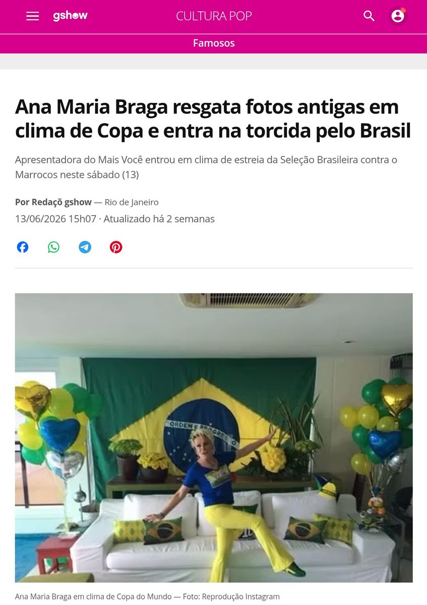 HenriqueSoldani's tweet photo. Agora a Globo resolveu resgatar essa foto antiga da Ana Maria e espalhou pelos perfis da emissora. A mesma imagem que, por anos, virou chacota entre os vermelhinhos que diziam que Ana parecia uma patriota fanática. O que era deboche agora vira conteúdo nostálgico e positivo quando a emissora precisa entrar no clima da Copa.