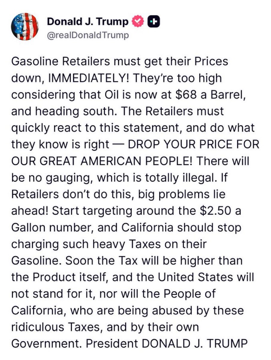 theblaze's tweet photo. Trump: “Gasoline Retailers must get their Prices down, IMMEDIATELY!” https://t.co/F4prXQZ43K