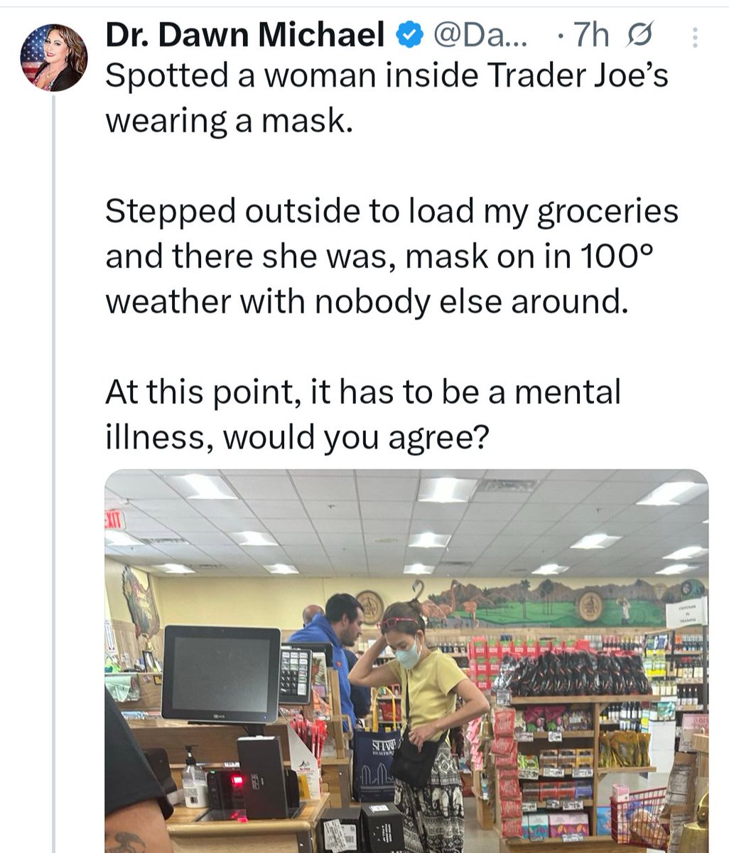 LazarusLong13's tweet photo. Just when I thought that I have seen it all, this literal Darwin Award winner takes the cake.

Her husband died from COVID.  She was on oxygen from COVID.

And here she is accusing someone wearing a respirator of mental illness, while illustrating her own profound ignorance. https://t.co/NP1jImRjKH