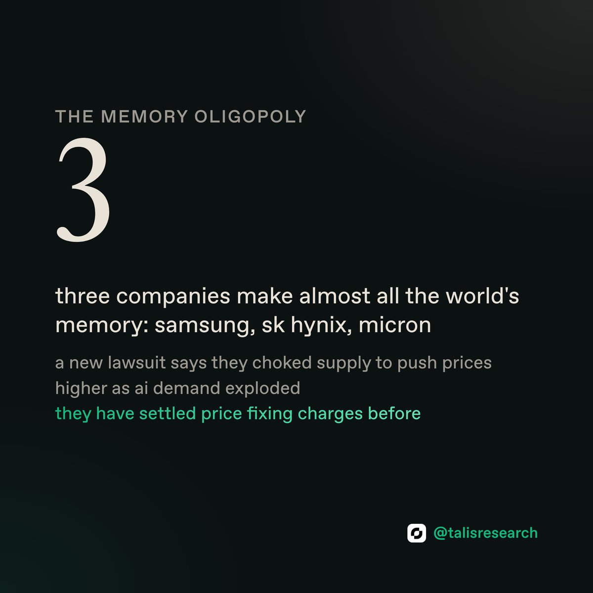 talisresearch's tweet photo. three companies make almost all the memory in your phone, your laptop, and every ai server on earth. samsung, sk hynix and micron. a new lawsuit says they choked supply to push prices higher just as ai demand exploded. everyone racing to build ai pays whatever these three ask. and they have settled price fixing charges before.