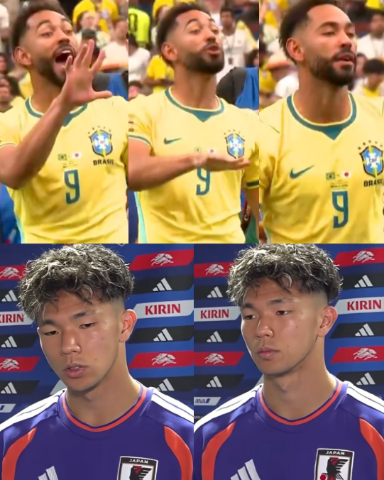 martytaka777's tweet photo. 試合後、ブラジルFWのマテウス・クーニャが塩貝選手のところへ行き、片手で5本の指を立てて「俺たちは世界王者5回だぞ」「調子に乗るなよ、身の程を知れ」というジェスチャーをした。それでも日本はあきらめない。いつか、きっと。 https://t.co/3kd3Nsc451