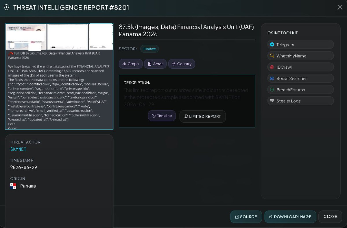VECERTRadar's tweet photo. 🚨 CYBER INTELLIGENCE ALERT: FINANCIAL INTELLIGENCE SECTOR — PANAMA 🇵🇦

[STATUS: ALLEGEDLY COMPROMISED / UNCONFIRMED / VISIBLE EVIDENCE OF ACTIVE EXFILTRATION / GOVERNMENT COMPROMISE / SOURCE: UNDERGROUND FORUM / DATE: JUNE 29, 2026]

CLANDESTINE ACTORS CLAIM TO COMPROMISE THE FINANCIAL ANALYSIS UNIT (UAF) AND PUT MORE THAN 87,000 RECORDS AND IDENTITY DOCUMENTS UP FOR SALE

Through passive monitoring of dissemination channels and clandestine criminal platforms, a critical announcement has been detected claiming the complete compromise of the IT infrastructure of Panama's Financial Analysis Unit (UAF), the government institution responsible for preventing money laundering and the financing of illicit activities. Terrorism. The attackers claim to have exfiltrated a structured repository containing 87,592 logical records (88 MB in .JSON format) along with a massive 37.17 GB of scanned images in .PDF format corresponding to the national identity cards of users registered in the system.

🏢 Allegedly Affected Entity: Financial Analysis Unit of Panama (UAF — [https://t.co/8K6dpKQ0Dn](https://t.co/8K6dpKQ0Dn)).

👤 Threat Actor: CyberSpyFree

⚔️ Potential Attack Vector: Exploitation of logical vulnerabilities or access control flaws in the APIs of reporting portals (e.g., systems where obligated entities upload ROS/RTE), code injection into relational databases, or compromise of an unprotected cloud storage environment.

🔍 Verification Status: NOT CONFIRMED BY THE INSTITUTION. As of June 29, 2026, the Panama Financial Intelligence Unit (UAF) or the National Authority for Government Innovation (AIG) have not issued forensic contingency reports validating a data breach from their core network. However, the alert is being processed under the criterion of Maximum Perimeter Criticality: the proof-of-concept evidence provided in plain text shows authentic identity documents issued by the Electoral Tribunal of the Republic of Panama, including national identity cards with real numbers and credentials from the Judicial Branch of the Supreme Court of Justice.

🗂️ FORENSIC ANALYSIS AND TAXONOMY OF THE COMPROMISED REPOSITORY

According to the field structure shared by the threat actor, the dump of relational data systematically compromises both the compliance officer profiles and the portal's internal operational logic:

Citizen Identification and Demographic Fields: Indexing of national identity or passport number (identification), document type (identification_type), first name, middle name, first surname, second surname, date of birth (birthdate), and nationality code (nationality_code).

Communication Channels and Professional Profile: Leakage of primary email addresses (email), secondary email addresses, primary phone numbers (primaryphone), secondary phone numbers, and the institutional or operational position held (position).

System Audit and Control Parameters: The schema reveals internal database control fields that expose the platform's technical logic: account status (accountstatus), administrative privileges (adminuser), verification by the agency (ValidByUAF), password reset and expiration variables (resetpassword, expirepassword), the server's internal hosting path (route), and the physical name of the attached file (filename).

Audit Timestamps: Detailed chronological traceability encompassing the record creation date in the system (creation_date), modification date (modification_date), and the logical timestamps from the development framework (created_at, updated_at, deleted_at), recording upload activities since 2022.

🛡️ URGENT TECHNICAL MITIGATION RECOMMENDATIONS (SOC / CERT-PA)

🛑 Global Session Revocation and Access Control Audit (Institutional Action): The Financial Analysis Unit of Panama is urged to implement an immediate cybersecurity containment protocol. Invalidate all active sessions, API tokens, and access credentials globally across its web portals. Enforce a mass password reset under robust complexity policies and mandate Multi-Factor Authentication (MFA/2FA) based exclusively on software applications (TOTP) or physical security keys, restricting the use of SMS.

📊 MONITORING AND EVALUATION

Intelligence System: https://t.co/wk9bZJ2Nli

Quickly assess your website's security with: https://t.co/QZhWp0kFrO

#CyberSecurity #Panama #UAF #FinancialAnalysisUnit #DataLeak #IdentityTheft #CedulaPanama #JSONBreach #PDFExposure #CyberSpyFree #ThreatIntelligence #CyberAlert #VECERT #Infosec #UnverifiedIncident