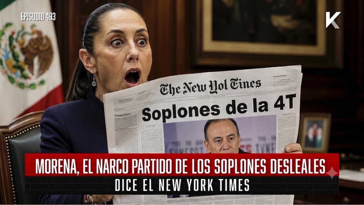 MaxKaiser75's tweet photo. 🚨NUEVO EPISODIO de @factor_kaiser🚨

Morena, el Narco Partido de los Soplones Desleales, dice el New York Times

- Por lo menos 10 miembros del Narco Partido se han acercado a las autoridades de EEUU para empinar a otros miembros del Narco Partido, dice el NY Times, esto con base en por los menos una decena de personas que se lo confirmaron al periódico
- Esto se suma a la grabación de Marina del Pilar en la que se le escucha hablar de sus acercamientos con autoridades de EEUU, a la nota del LA Times que sugiere que Durazo y Villarreal ya coopera, y a la columna de Loret en la que afirma que los corruptos del Verde ya ofrecieron información para salvar sus lujos, riquezas y casas en Woodlands
- Como siempre, Sheinbaum dice que no sabe nada, pero nunca sabe nada, de nada, y todo lo que dice no saber, se confirma unos días después
- Y así la carrera por ser el primer soplón que se lleva las menores condiciones, ya arrancó
- Alguien va a rajar, y los demás pagarán los platos rotos
- Hagamos una quiniela: ¿Quién raja primero, y quién es el pendejo que se espera y paga toda la cuenta de la corrupción del Narco Partido? Yo ya tengo mi lista! Comparte la tuya en las redes de FK y en las mías
