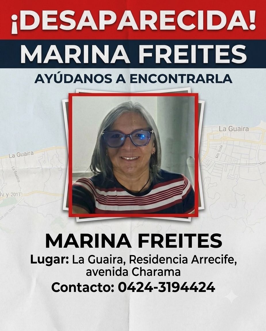 endsequera's tweet photo. 🚨 MARINA FREITES ESTÁ DESAPARECIDA.

📍 Su última ubicación conocida fue la Residencia Arrecife, avenida Charama, estado La Guaira.

📞 Si tienes información sobre su paradero, comunícate al 0424-3194424.

🙏 Comparte esta publicación. Cada segundo cuenta. https://t.co/INC6Eiy79S