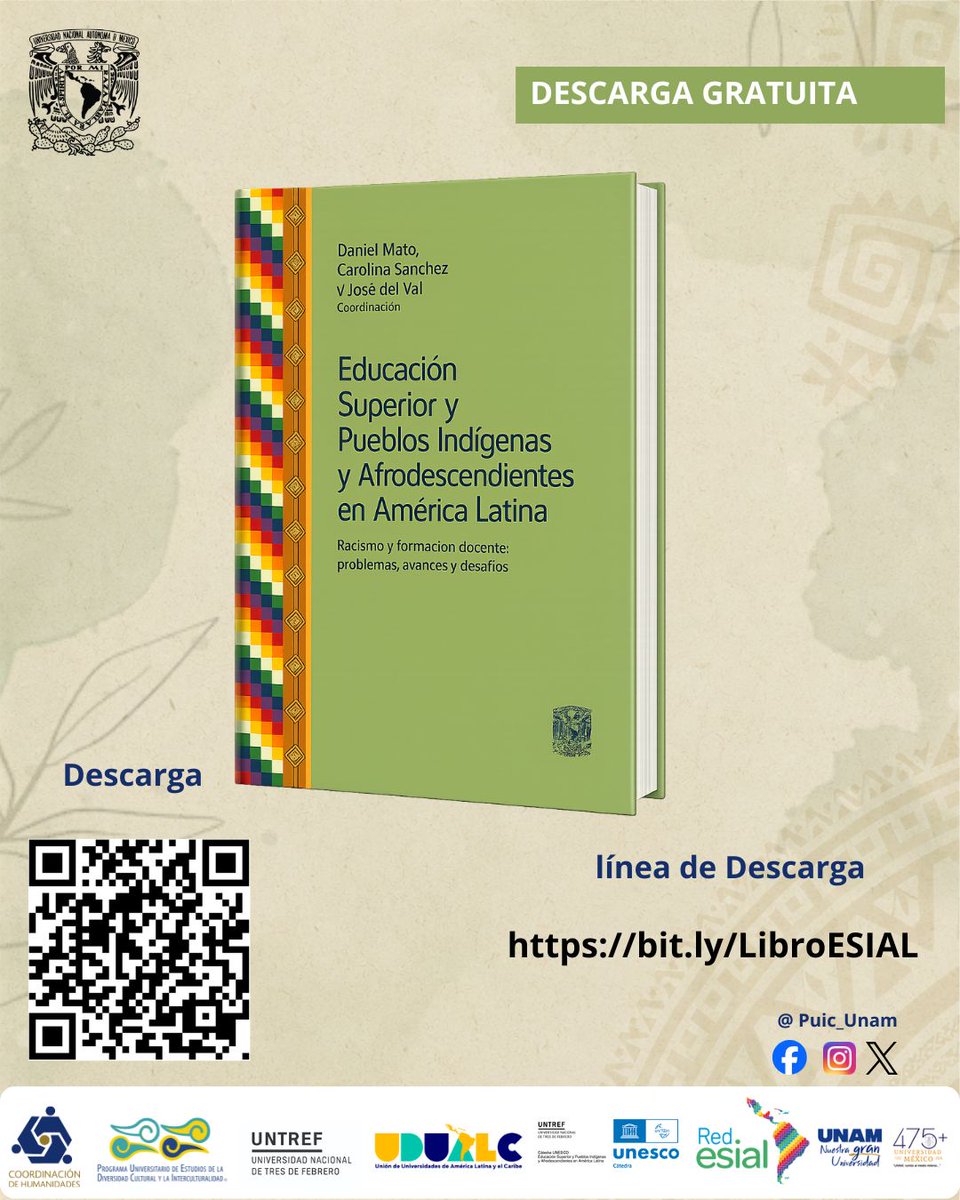 puic_unam's tweet photo. 📖 ¡Ya está disponible para descarga gratuita el libro ESIAL! "Educación Superior y Pueblos Indígenas y Afrodescendientes en América Latina".
⬇️ Aquí:
https://t.co/1vuPBfgKI7
#UNAM #LibrosPUIC #LibrosGratis #EducaciónSuperior #Racismo #PueblosIndígenas #Afrodescendientes https://t.co/5KqDCcn1sO