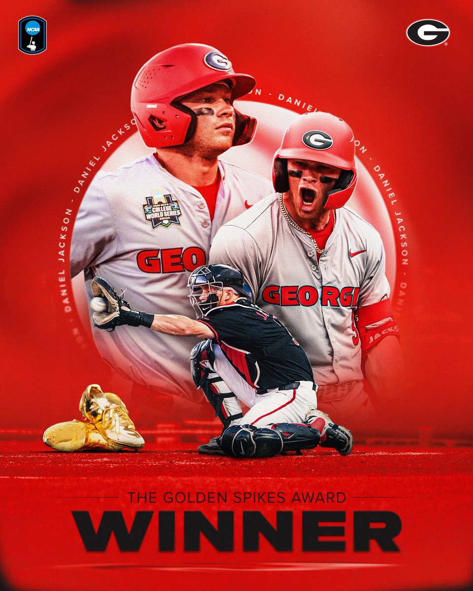 NCAABaseball's tweet photo. The 2026 @USAGoldenSpikes winner is none other than @BaseballUGA’s Daniel Jackson! 🏆⚾️

#NCAABaseball https://t.co/7BEDBPzBCc