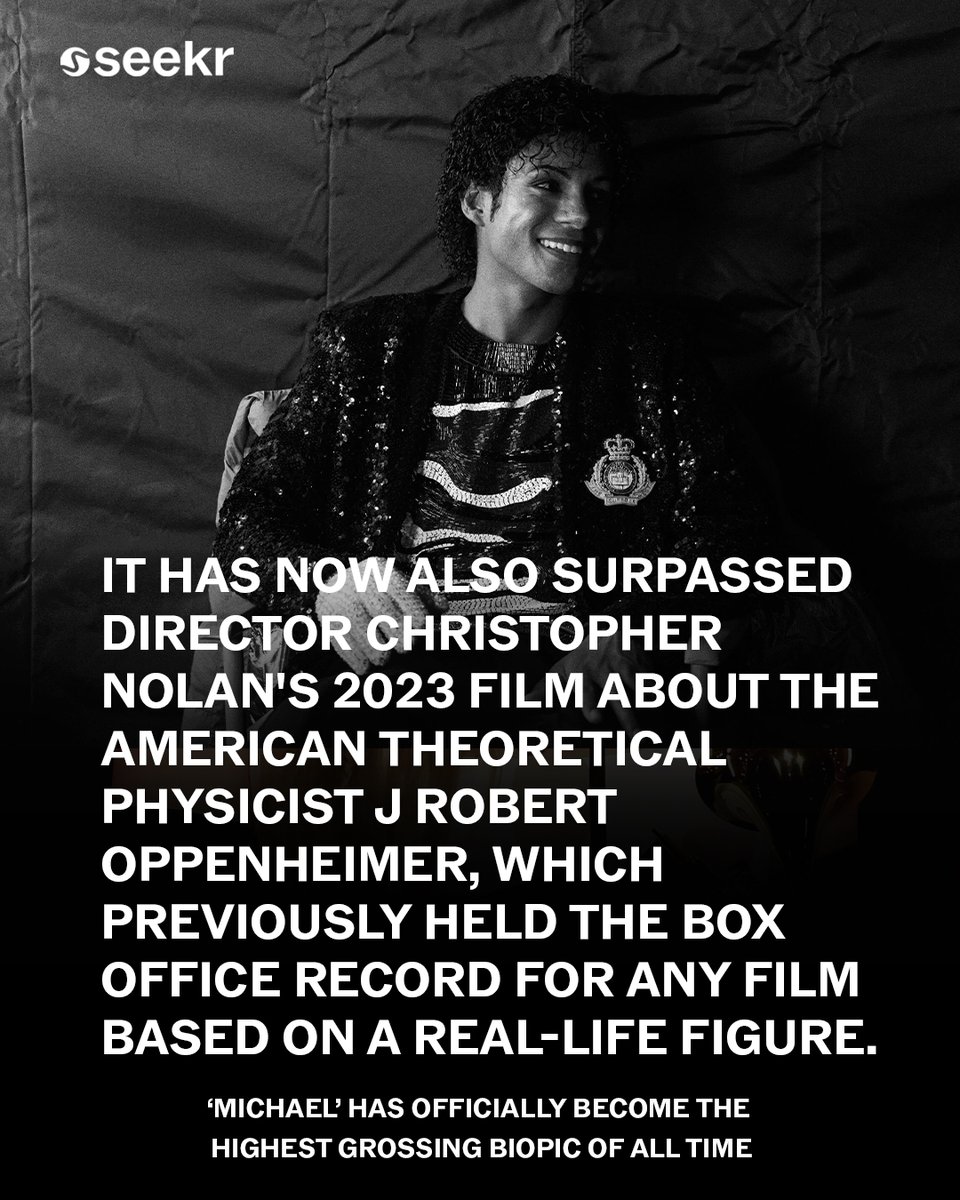 981CHFI's tweet photo. 👑🎬 The King of Pop just moonwalked past the competition and straight into the history books!

The 'Michael' biopic has officially become the highest-grossing biopic of all time, pulling in a massive $977M worldwide and overtaking 'Oppenheimer's' previous record.

From breaking records as the biggest music biopic ever (sorry, 'Bohemian Rhapsody') to  Jaafar Jackson, Michael’s real-life nephew playing him, the film takes fans on a journey from Jackson 5 beginnings to full-blown King of Pop superstardom.

The numbers have been overwhelming, with a $217M global opening week that set the tone, and audiences kept showing up, even outperforming the viral “Barbenheimer” buzz that helped fuel Oppenheimer’s run 📈🍿 

MJ is also dominating the streaming world with “Billie Jean” back on top and his catalogue surging worldwide.

#MichaelJackson #MJ #MusicNews

📸: Lionsgate & Jaafar Jackson//IG