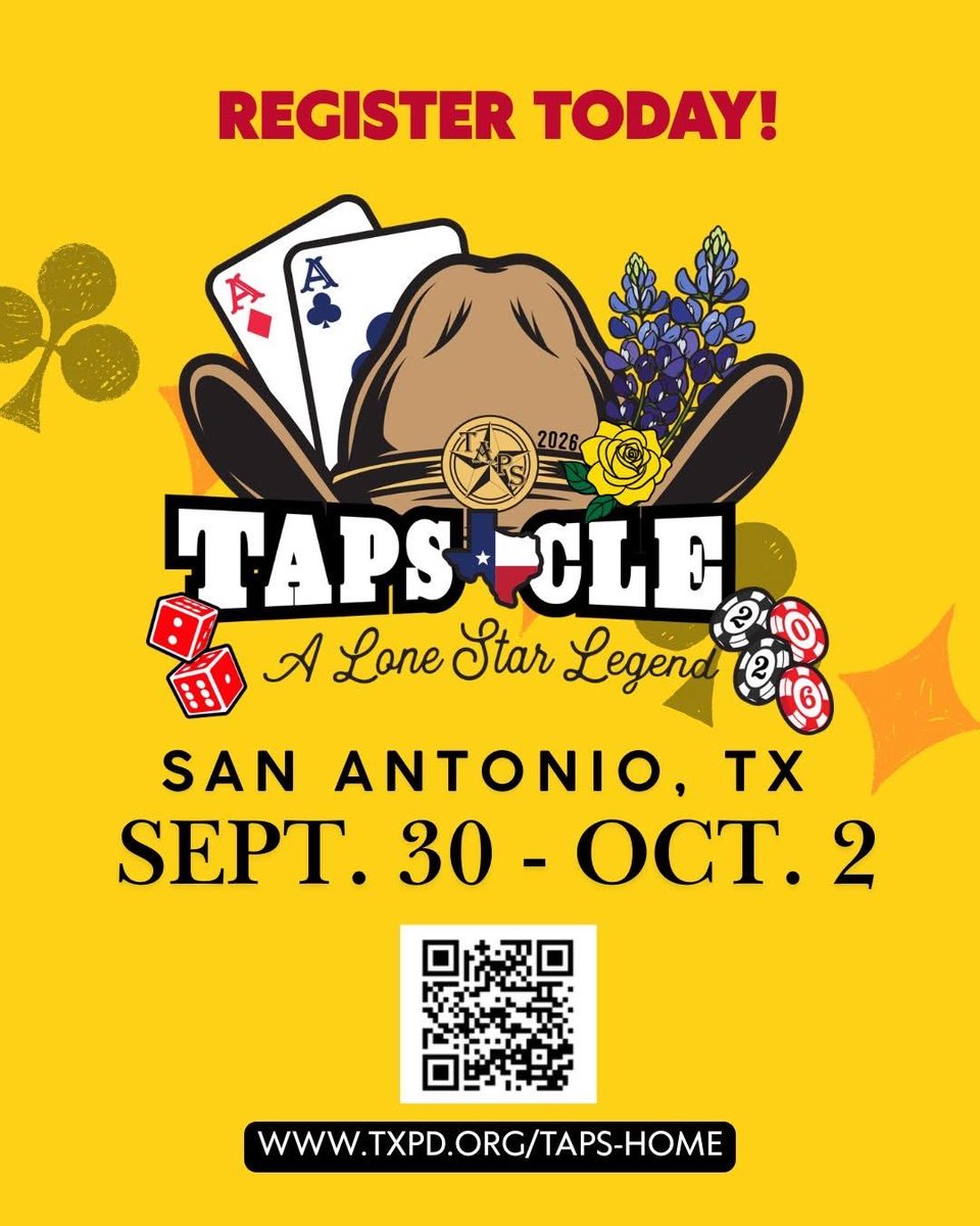 TXPD's tweet photo. 🌟 TAPS CLE 2026 has arrived with a legendary theme — A Lone Star Legend! Expect Texas-sized CLE, world-class speakers, and networking that brings the Lone Star spirit to life. Sept. 30–Oct. 2 · San Antonio. https://t.co/ZcoROIvijD! #TAPSCLE https://t.co/BfM8rKr05R