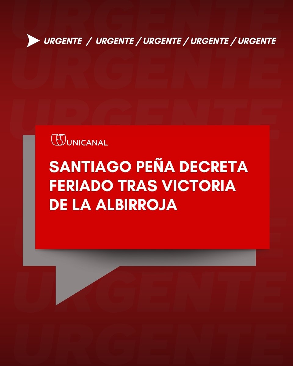 Unicanal's tweet photo. 🚨 URGENTE: SANTIAGO PEÑA ANUNCIA FERIADO

Tras la histórica clasificación de la Selección Paraguaya ante Alemania, el presidente Santiago Peña comunicó a través de sus redes sociales que mañana será feriado. La medida llega en medio de la euforia total por un nuevo paso de la Albirroja en la Copa del Mundo. 🇵🇾🔥

¡A disfrutar, muchachos… y a cuidarse también! 🙌

Viví el #MundialxUnicanal

#Unicanal