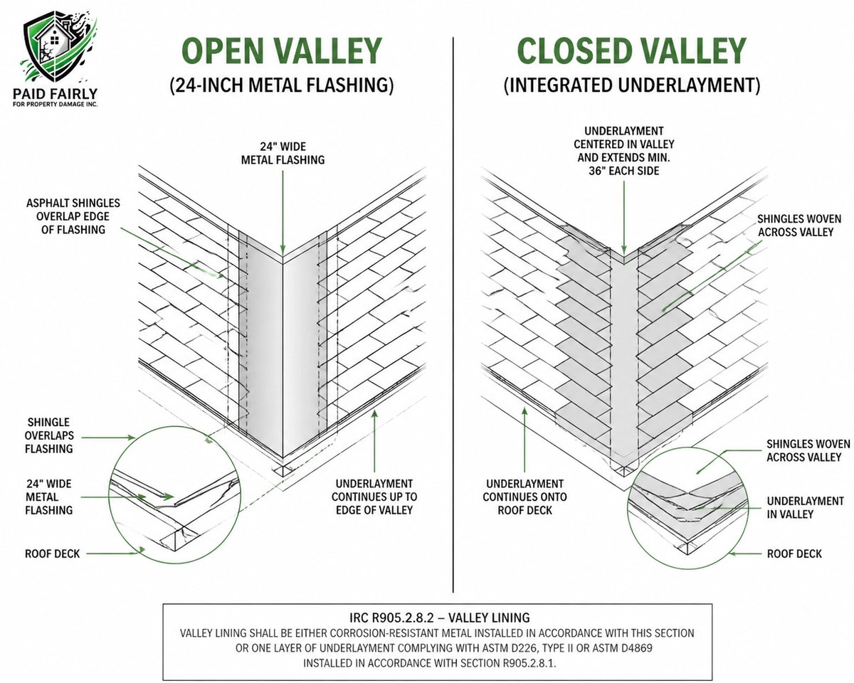 PFFPD_Forensics's tweet photo. From a forensic standpoint, IRC R905.2.8.2 dictates valley flashing. Open: 24" metal. Closed: underlayment. #CodeMythMonday #Roofing #Forensics
Contact: 443-332-8527
Request a forensic property damage review:
https://t.co/gk1rIisK67 https://t.co/qzhAn6LZpD