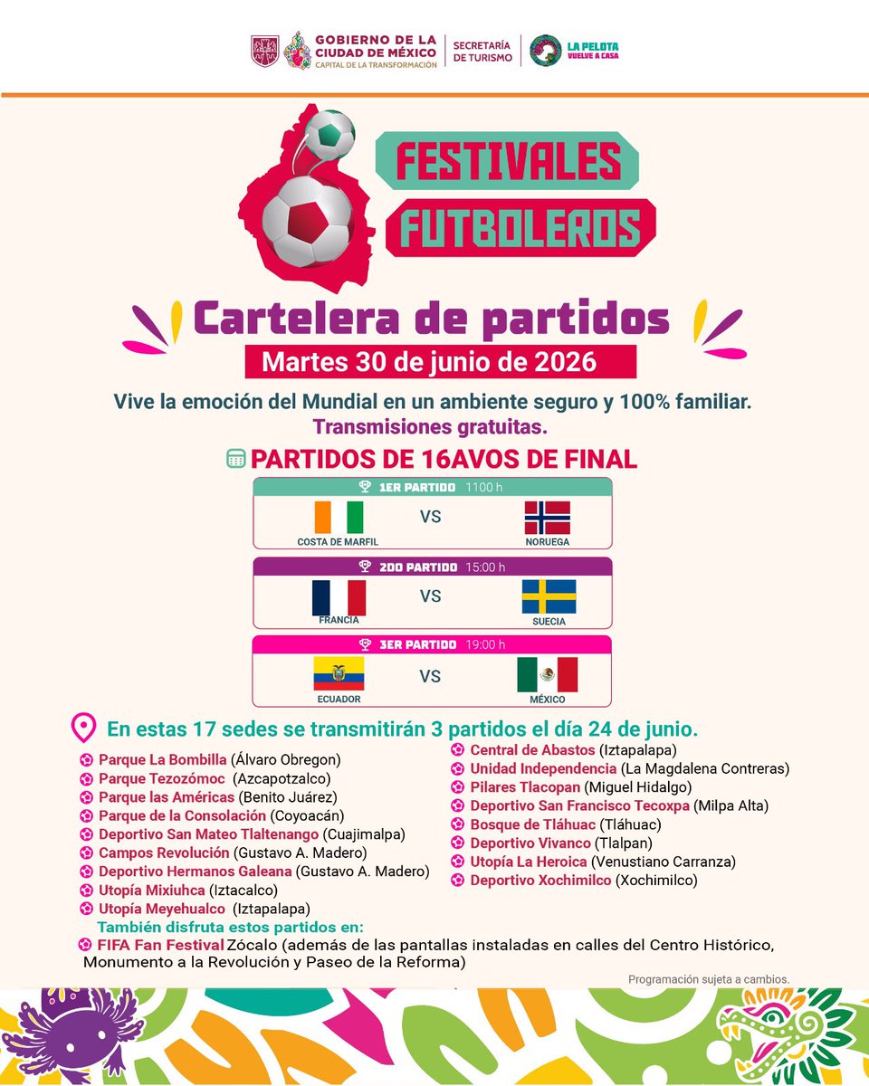turismocdmx's tweet photo. ¡Apoyemos a México en su partido vs Ecuador! 🇪🇨 vs🇲🇽✨
#ElMejorAmbienteMundialista se vive en la Ciudad de México.
¿Quieres disfrutar en comunidad de los partidos de mañana?
No te los pierdas en:
⚽️17 Festivales futboleros
🏟️FIFA FAN FEST
🌳Paseo de la Reforma
✨Centro Histórico https://t.co/VYD8KiB0kv