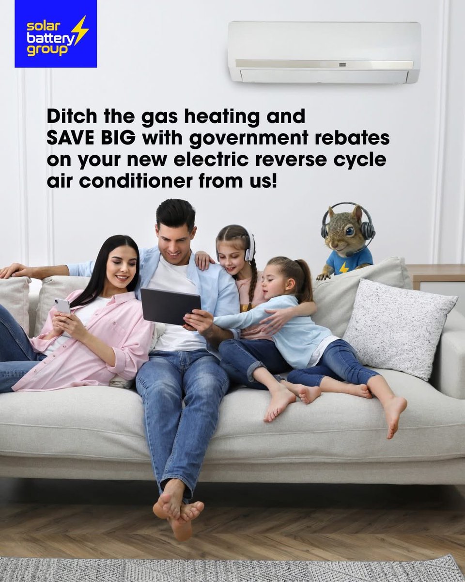 solarbatterygr's tweet photo. Ready to say goodbye to gas heating and hello to efficiency?

With reverse cycle air conditioning from Solar Battery Group, you can heat and cool your home all year round while cutting down on energy costs.

Make the smart switch today for comfort and savings! 📱1300 223 224

Sydney | Melbourne | Brisbane | Adelaide | Perth | Tasmania

#EnergyIndependence #EnergyFreedom #SolarBattery #SolarSmart #FutureProof