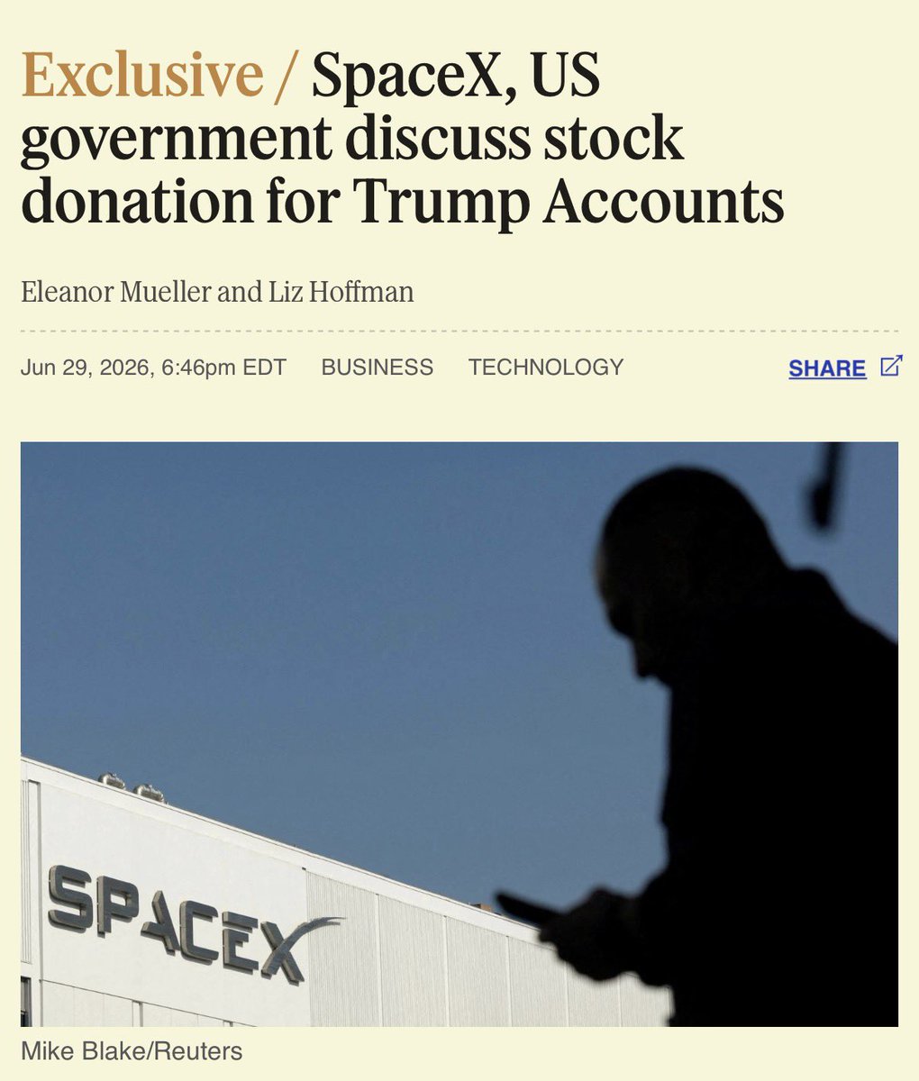 Eleanor_Mueller's tweet photo. News: The Trump administration has spoken with SpaceX about donating stock to Trump Accounts, we’re told.

With @LizRHoffman: https://t.co/2AQcIaboE6 https://t.co/NheEbRVB86