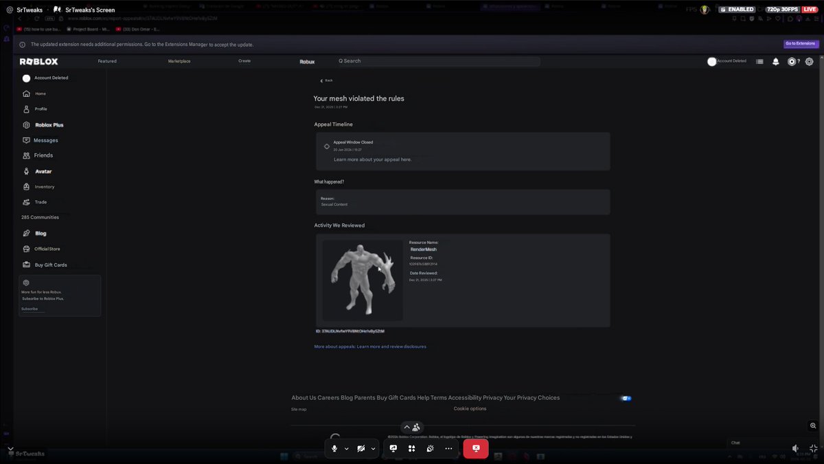 SrTweaks's tweet photo. so they banned me bc that and i tryed to appel the ban and they just gived me perma ban Without give me any advertence about the why, honestly idk why at this point roblox dont just use any kind of process just to moderate something aparently "sexual" before of import the content https://t.co/mJxcVFvtcO