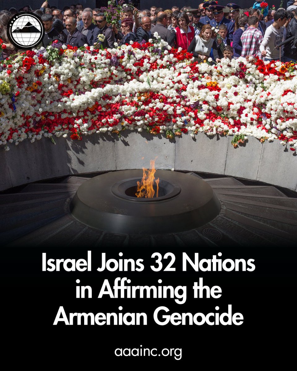 ARAMAC_DC's tweet photo. The Armenian Assembly of America welcomes Israel's formal recognition of the Armenian Genocide, joining 32 nations in affirming the first genocide of the twentieth century. 

We extend our appreciation to all those in Israel who advanced this historic decision. 

Read more: https://t.co/JwSAbKySFe