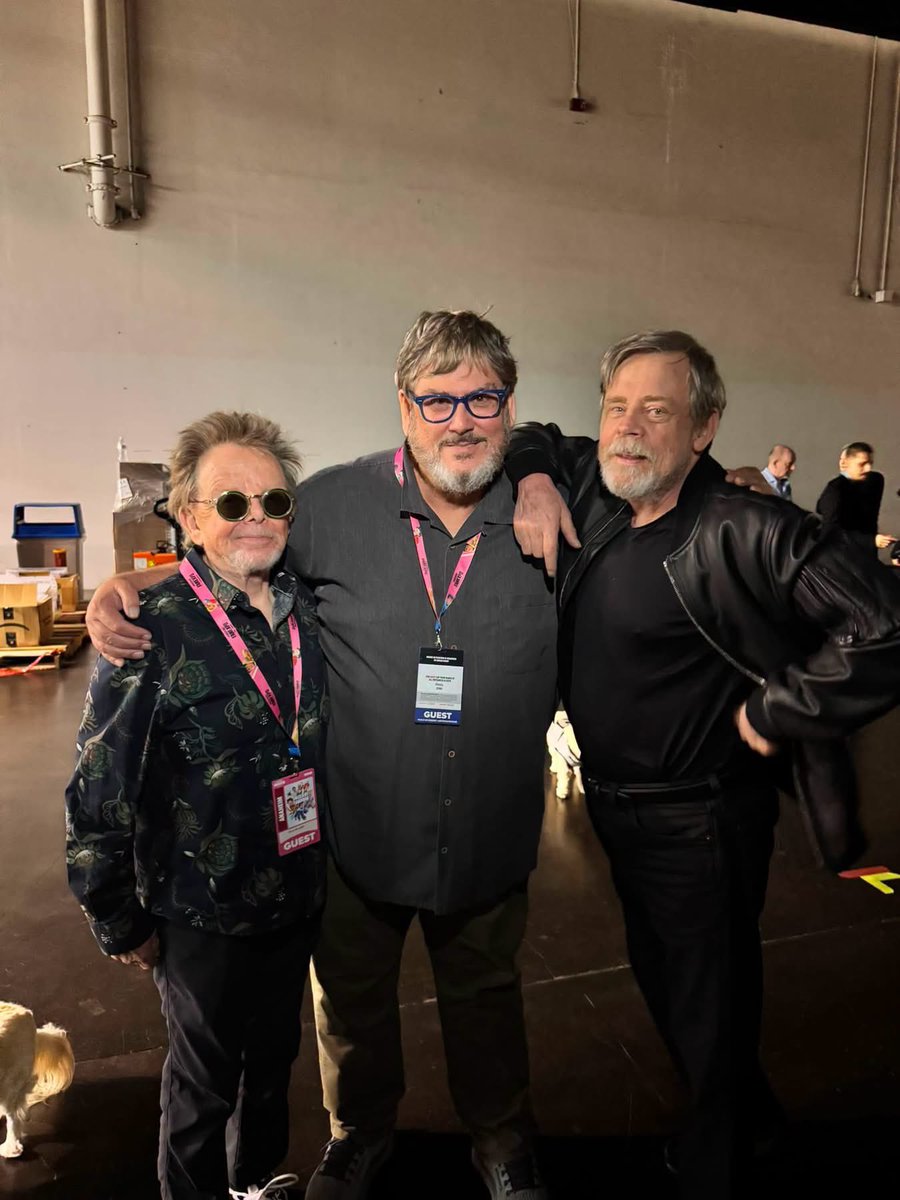 tomruegger's tweet photo. Paul Williams, Paul Dini and Mark Hamill, post-panel at Anaheim FanExpo, June 27, 2026.  Photo by Joey Letson. https://t.co/Wjni9ErzHF