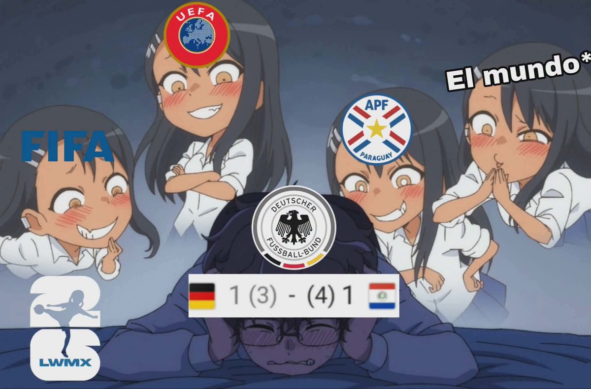 LigaWaifuMx's tweet photo. TE ELIMINÓ LA PARAGUAY DEL FILOSOFO ALFARO, ALEMAN CAGÓN!!!! 

LA PARAGUAY DE ALFARO!!! Y TODAVIA, EL QUE TE ANOTA EL ULTIMO GOL DE LA TANDA DE PENALES JUGABA EN EL QUERETARO!!!!

#fifaworldcup #germany #paraguay #GERPAR #nagatoro https://t.co/lurTgWuYc0