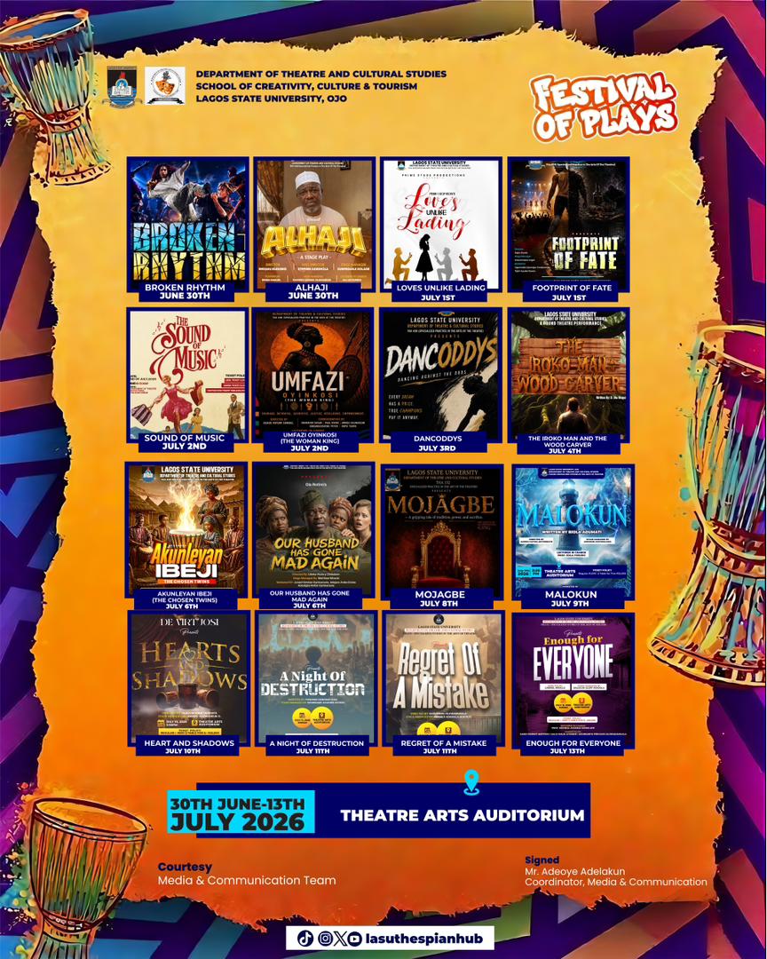 LASUThespianHub's tweet photo. The curtain rises today! You'll not want to miss back to back of the most thrilling masterpieces of theatrical excellence🎭 https://t.co/YPGImaMwv3