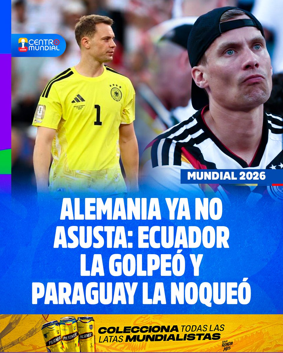 radiocentroec's tweet photo. #CentroMundial | Alemania sigue acumulando golpes en los Mundiales y vuelve a quedar en deuda con su historia. 

Tras las eliminaciones en fase de grupos en Rusia 2018 y Catar 2022, ahora la selección alemana volvió a despedirse temprano en Norteamérica 2026, esta vez tras caer ante Paraguay en los 16avos de final.

El golpe se suma a la dura derrota que sufrió frente a Ecuador durante el torneo, aumentando las críticas hacia un equipo que, para muchos, ya dejó de imponer el respeto y el miedo de otras épocas.