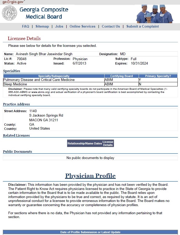 gerrytwo's tweet photo. Maybe your HHS should get active explaining how a bogus doctor, Avinesh Bhar (one of at least 4 names he has used) is still illegally practicing telemedicine across at least 7 Southern states from Macon, Georgia today.  Probably as a pill mill for sleep narcotics.  Attached is his Georgia Composite Medical Board license information, replete with lies.