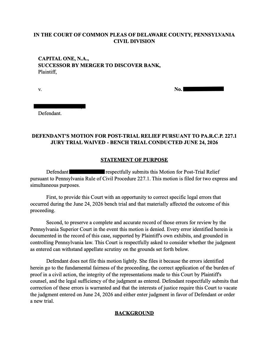 Ghost_Legal_'s tweet photo. They tried to do her dirty. Not on our watch!

Capital One bought Discover. Cool. But here's what they also bought: 

every pending lawsuit. 
Every collection case. 
Every courtroom appearance.
And apparently, the old company's clothes.

Their witness showed up to testify for Capital One wearing Discover Bank gear. Discover Bank hasn't existed since May 2025. The attorney in the hallway introduced himself as representing Discover. The judgment the court signed named Discover as the winner.

A company that doesn't exist just got a $12,727 judgment.

Their own billing statement, attached to their own complaint, shows a $0 balance from February 2024. 

Their lawyer told the judge the merger caused it. The merger happened 15 months after that charge-off. That's not a legal argument. That's a lie you can disprove with a calendar.

The court went along with it anyway.

We didn't.

Every error is in the record. Every exhibit is cited. 
This goes to the Superior Court if it has to.

This is what the Capital One/Discover merger looks like in a courtroom. A dead entity in a costume collecting money it can't legally hold.

We see it. We document it. We fight it.

The remaining pages are in the comments.