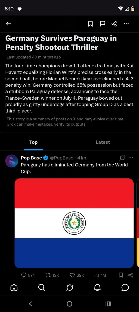 romancamel's tweet photo. Am I the only one getting this at 8:10, am I reading it right? Can't be right? AI is tripping or they want you to believe a certain thing 🫠

Paraguay 
Germany 
World Cup 
FIFA 
Round of 32
Eliminated 
Round of 16 https://t.co/8RMPOJNeRB