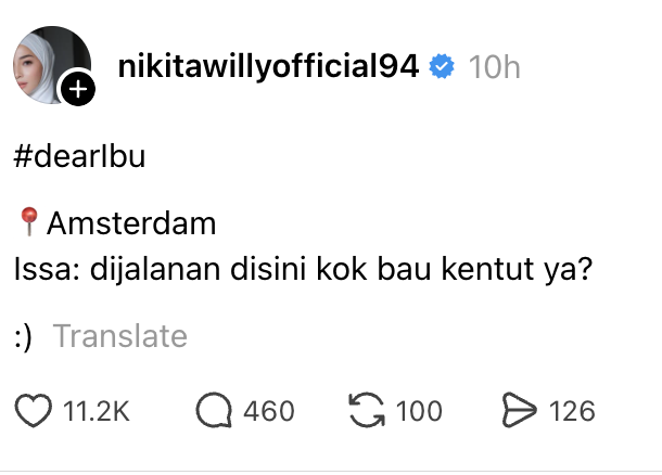 insidefolkative's tweet photo. Issa kepada Nikita Willy di Amsterdam, 

#dearIbu
📍Amsterdam

Issa: dijalanan disini kok bau kentut ya?

😭😭😭😭😭 https://t.co/r8AkscWOLo