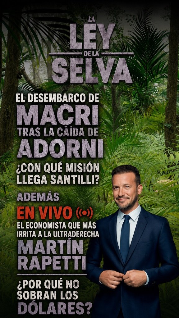 aleberco's tweet photo. Hoy en #LaLeyDeLaSelva 🦁🍌

-El desembarco de Macri tras la caída de Adorni 
-¿Con qué misión llega Santilli? 
-En vivo: Martín Rapetti 

Hoy de 23 a 0:30hs con @PradoNahuel y @gabyvulcano1  por @C5N. https://t.co/nXy3SmQf5b