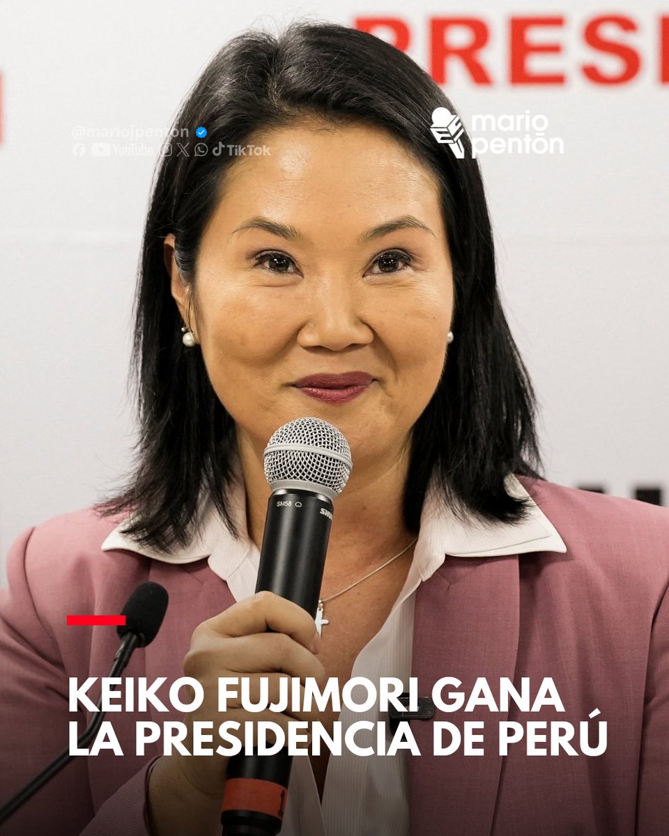 MarioJPenton's tweet photo. 🛑 La candidata de derecha Keiko Fujimori ganó las elecciones presidenciales de Perú tras concluir el recuento del 100 % de los votos, un proceso que se extendió durante tres semanas debido a impugnaciones y denuncias de presuntas irregularidades.

⭕ Según la Oficina Nacional de Procesos Electorales (ONPE), Fujimori obtuvo el 50,135 % de los votos válidos, frente al 49,865 % del candidato de izquierda Roberto Sánchez, una diferencia de unos 49.600 votos. Asumirá la Presidencia el próximo 28 de julio para un mandato de cinco años.

⭕ Mientras Fujimori celebró el cierre del escrutinio y espera la proclamación oficial, Sánchez rechazó los resultados, denunció sin presentar pruebas un supuesto fraude electoral y anunció que buscará impedir la proclamación de la presidenta electa.

REUTERS